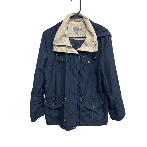 JM Collection Long Sleeve Hooded Jacket Navy Blue Sz Large Petite Full Zip Snap - Picture 1 of 10